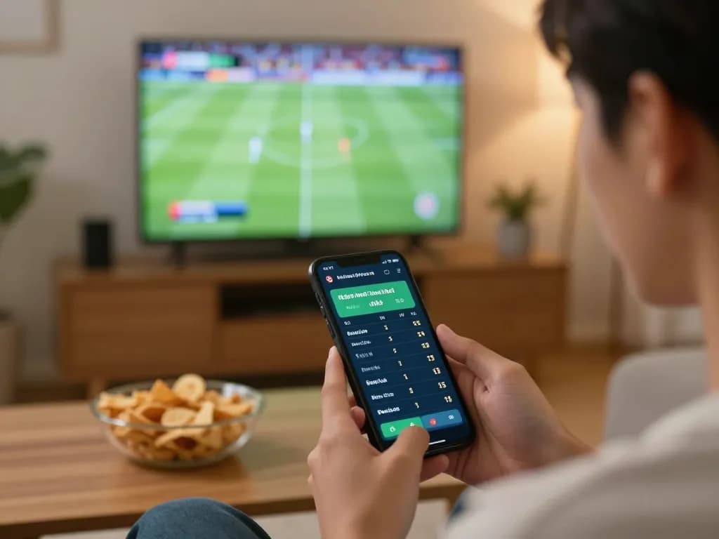 Engaging scene of live sports betting with keo nha cai 5 odds analysis on smartphone in cozy living room.