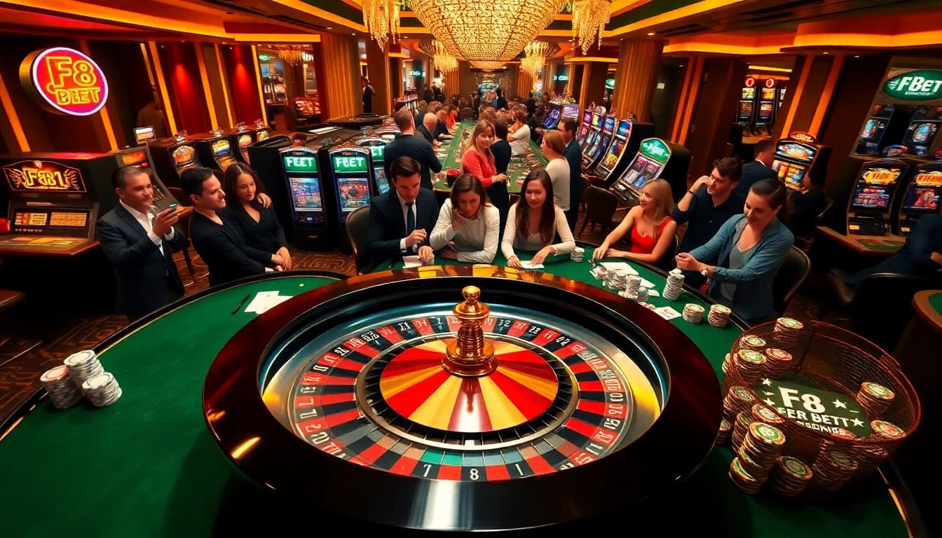 Exciting casino moment at F8 BET with players at a roulette table and poker cards.