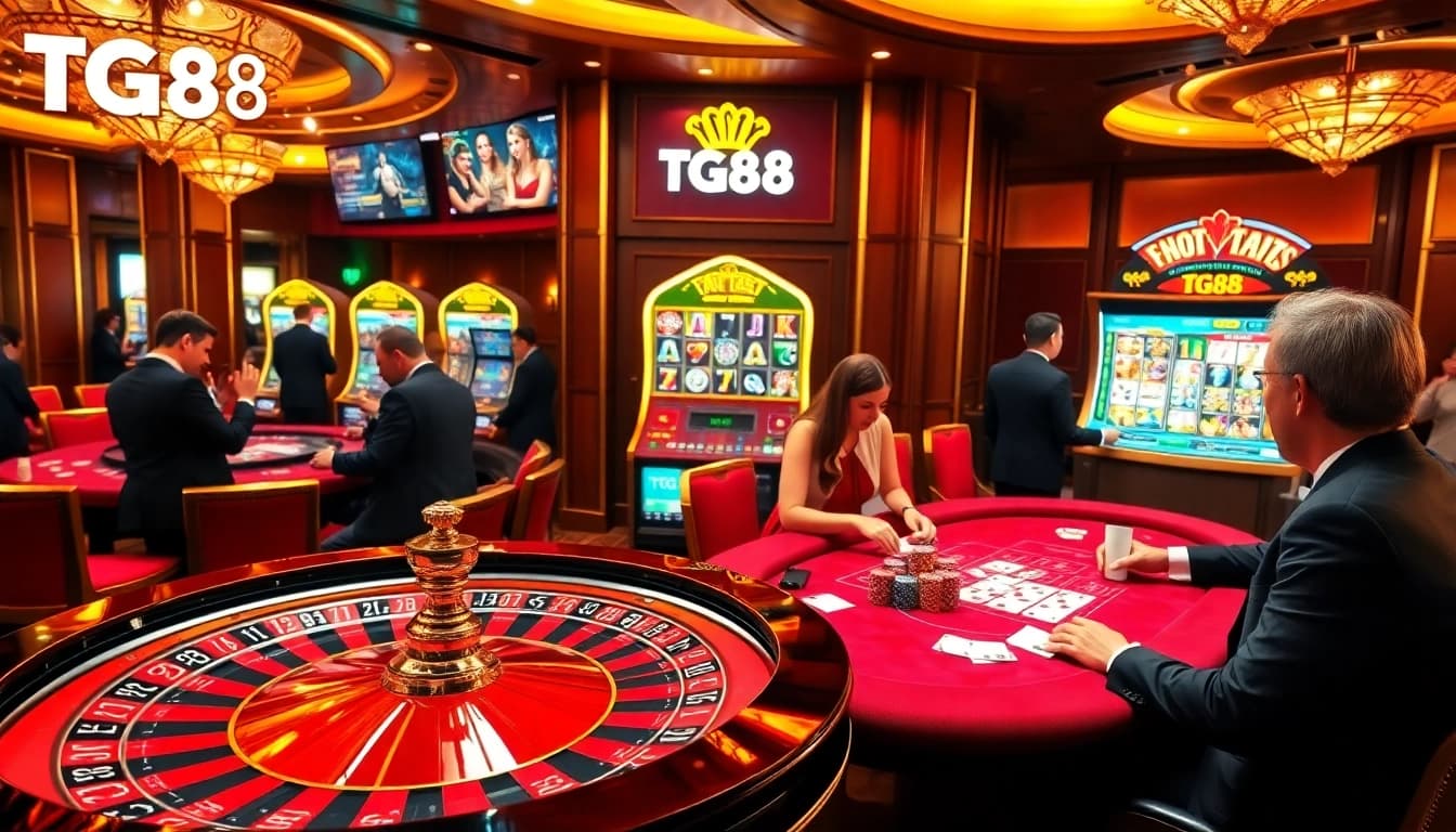 Engaging gamblers enjoying a thrilling TG88 casino experience with a vibrant roulette wheel and poker table.