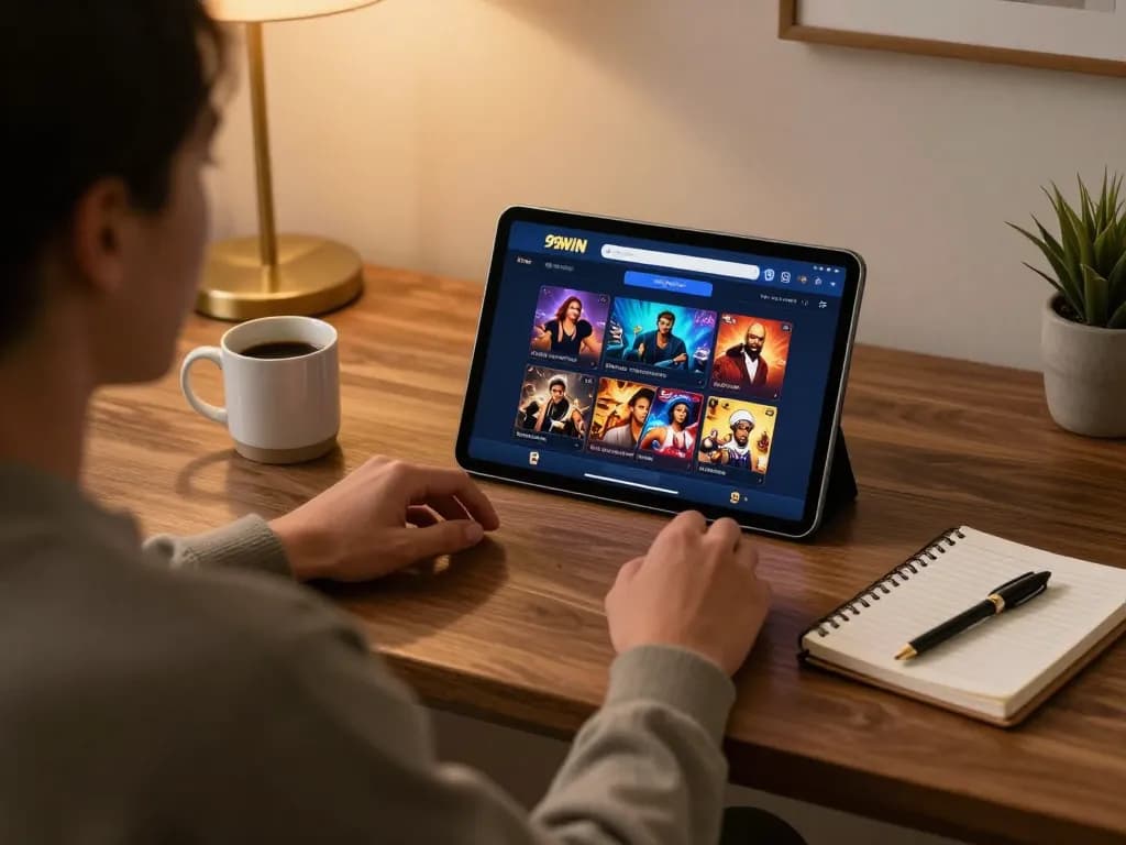 Engaging with 99WIN casino app on a tablet in a cozy home setting, promoting responsible gaming.