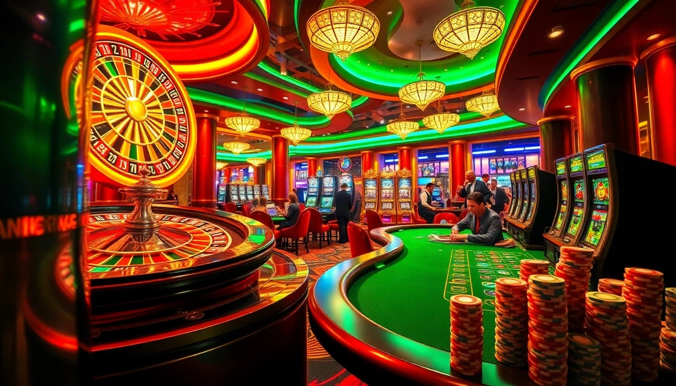 Top nhà cái in an exciting casino scene featuring players at a blackjack table and a spinning roulette wheel.