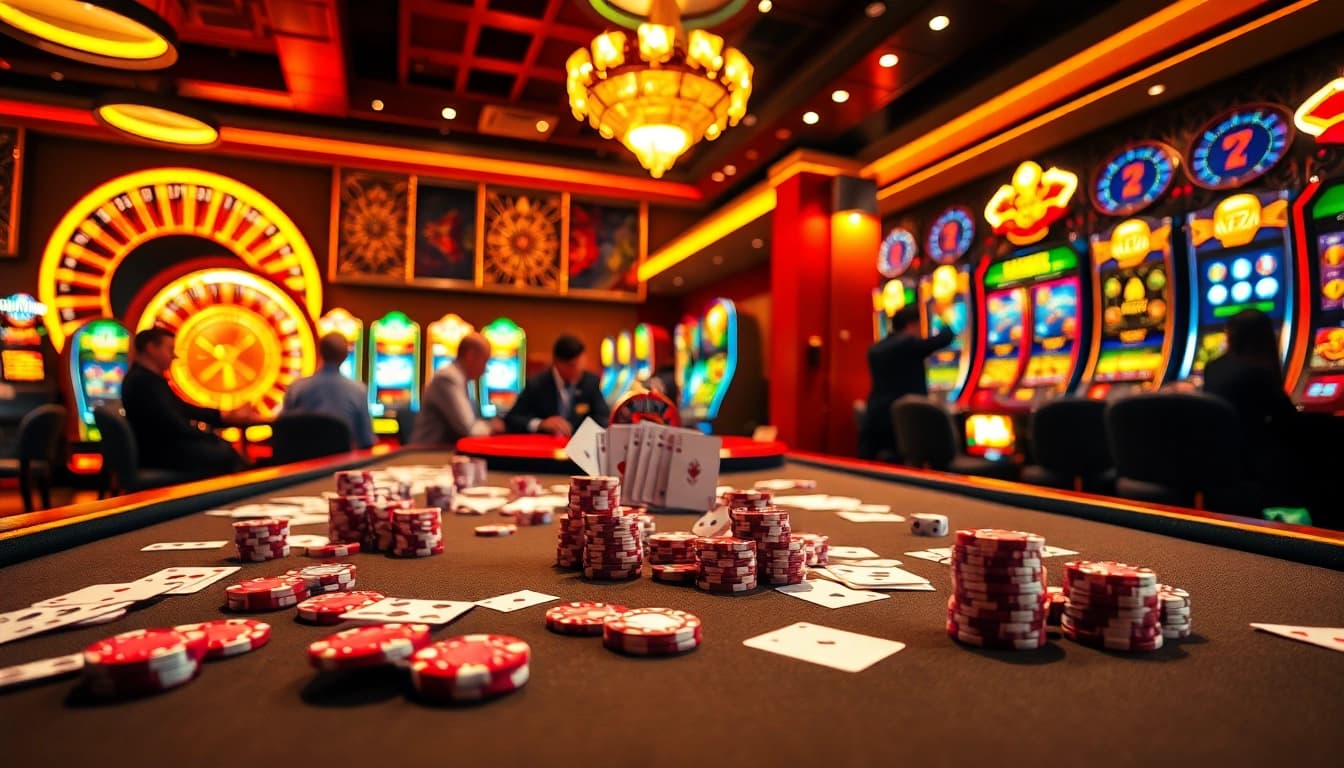 SODO CASINO players enjoying an exciting poker game with vibrant chips and cards.
