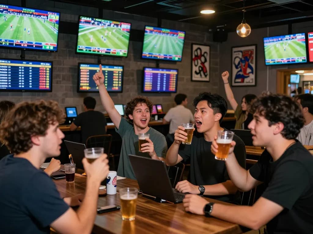 Exciting sports betting atmosphere at the GMNC bar with fans engaged in betting