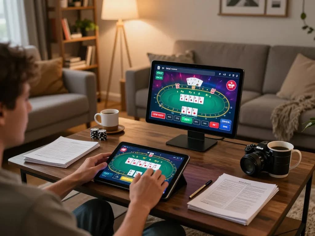 Player enjoying cm88 online poker game on tablet in cozy home setting with strategy notes