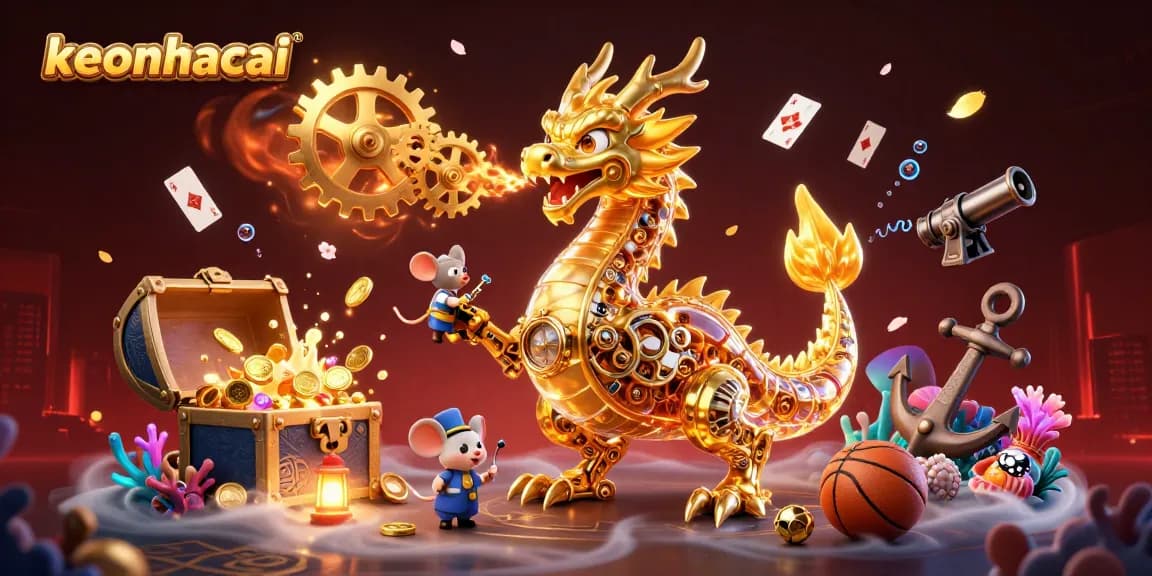 Engage with keonhacai's immersive gaming scene showcasing a golden dragon and underwater treasures.