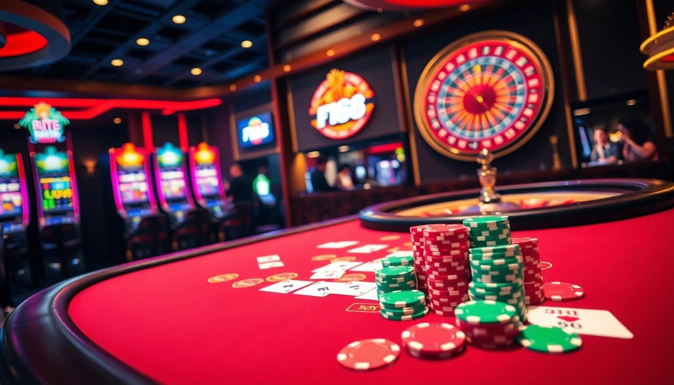 Engaging casino scene showcasing players enjoying games at F 168, featuring poker chips and cards.