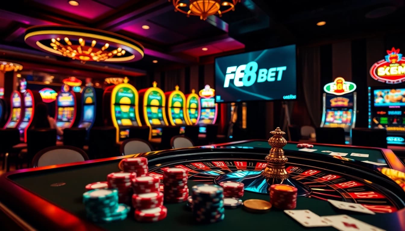 Exciting F8 BET casino scene with luxurious gaming tables and vibrant slot machines.