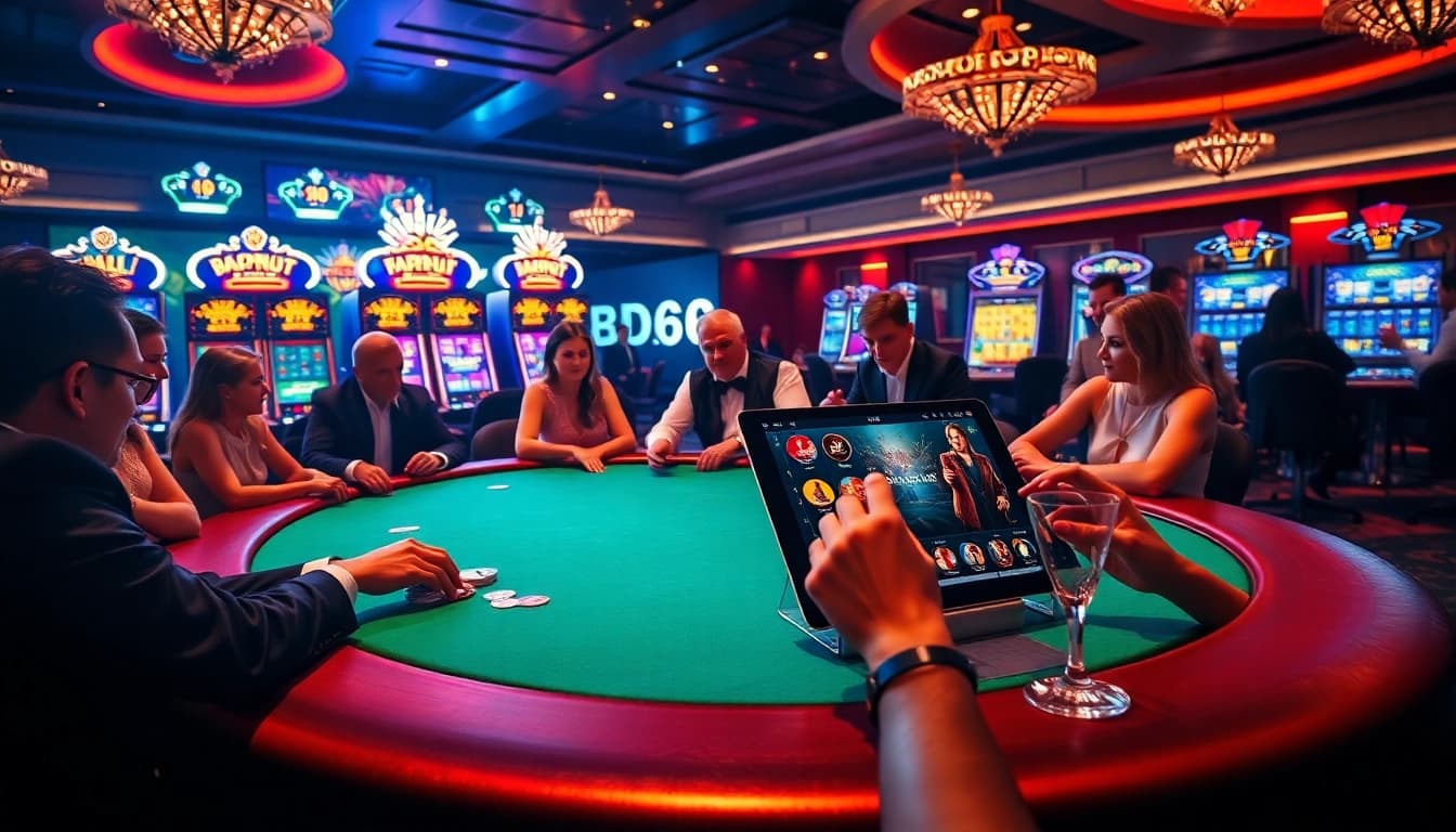 Experience the thrill of BDTK66 at a luxurious casino poker table with eager players and vibrant slot machines.
