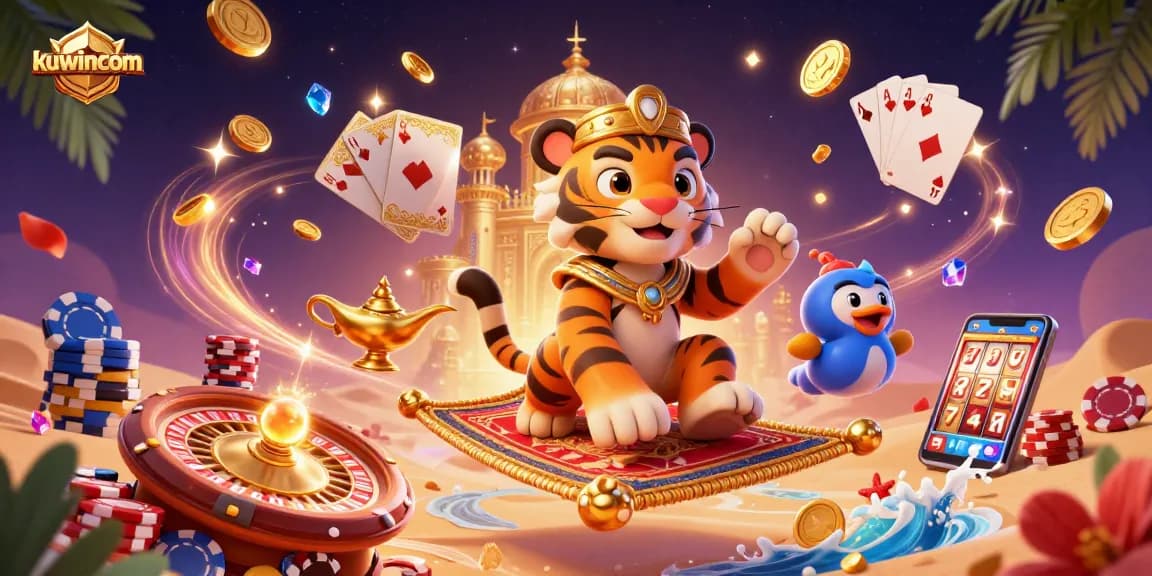 Kuwincom reveals thrilling casino action with an Arabian-themed scene featuring a tiger sultan and magical elements.