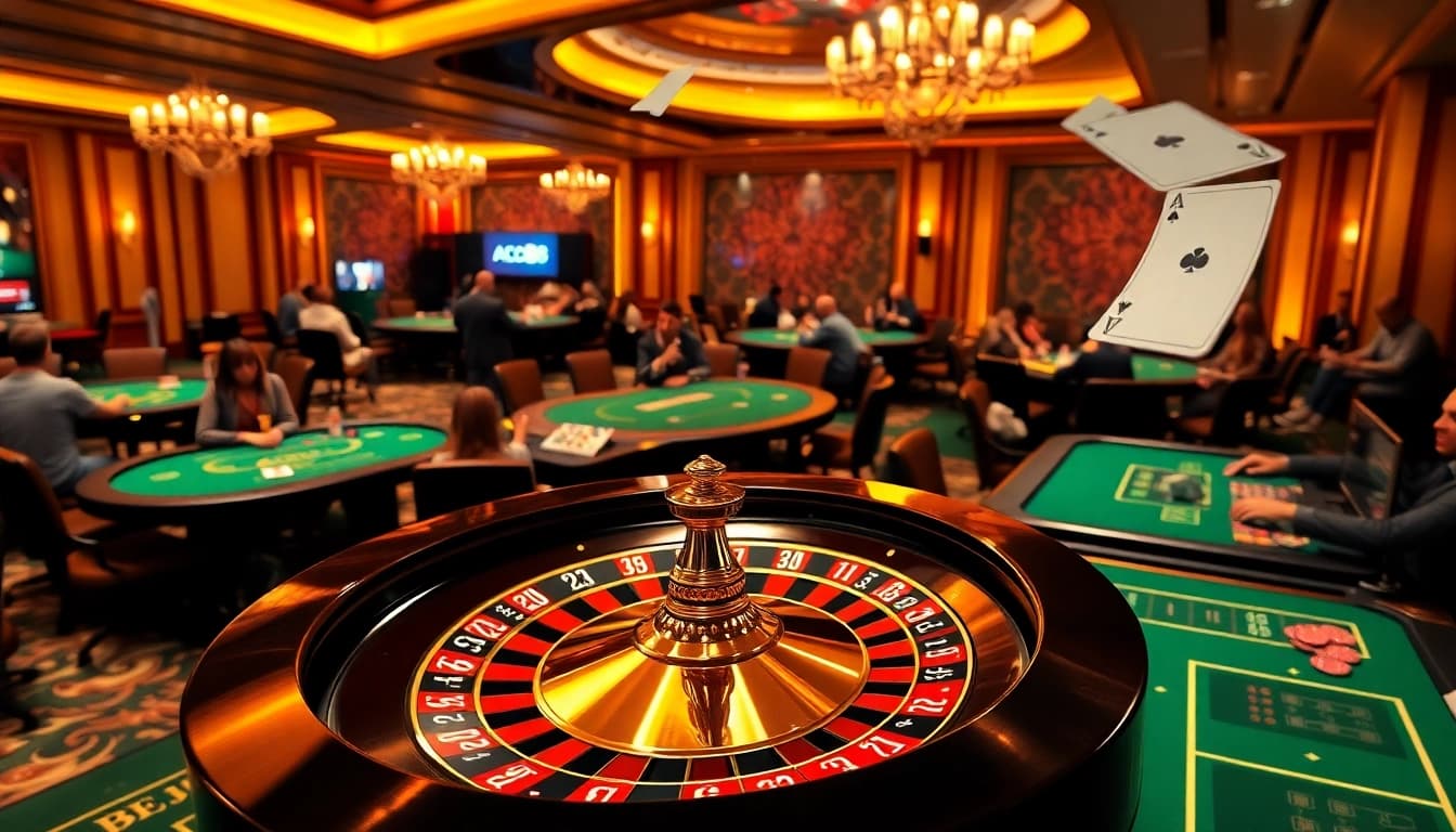 Exciting casino scene with ABC8 roulette wheel and vibrant poker tables filled with players.