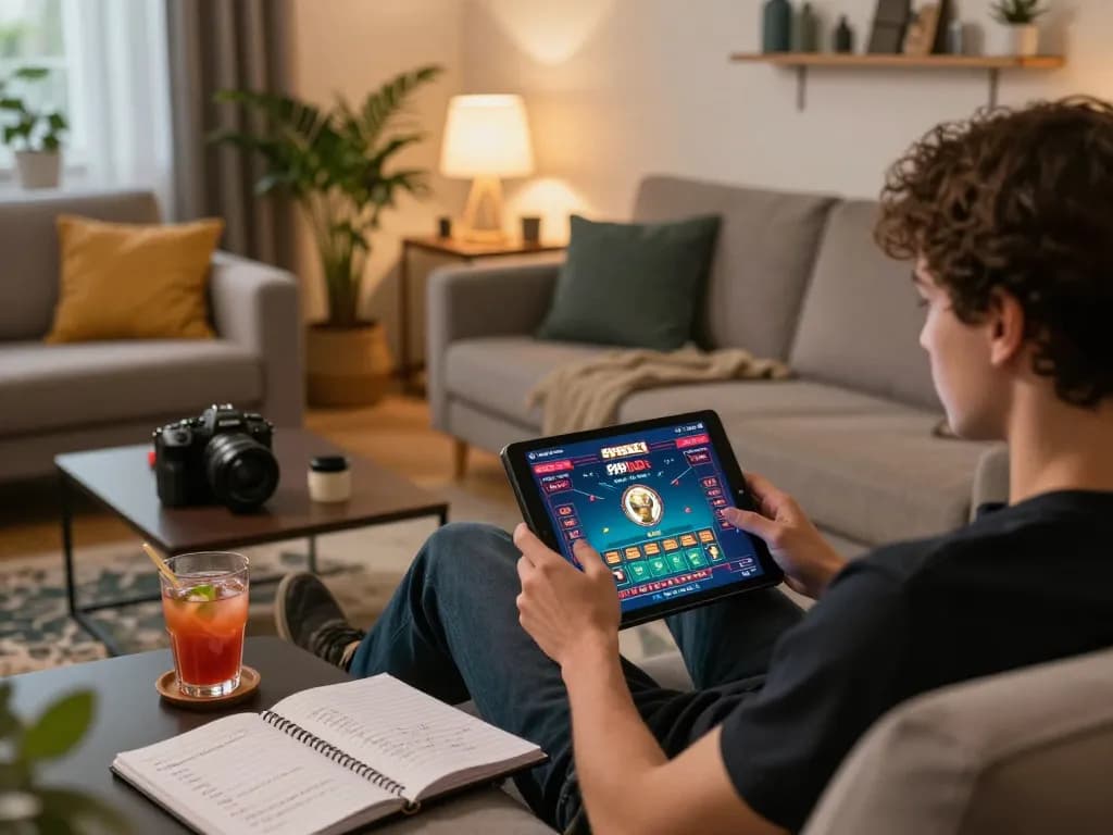 Engaged player using the 999Bet platform on a tablet in a cozy home setting, strategizing bets with a notebook