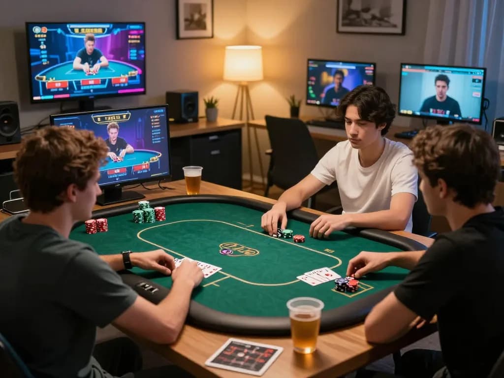 Players strategizing in an online poker game on fc88on, showcasing intense gaming atmosphere and focused interaction.