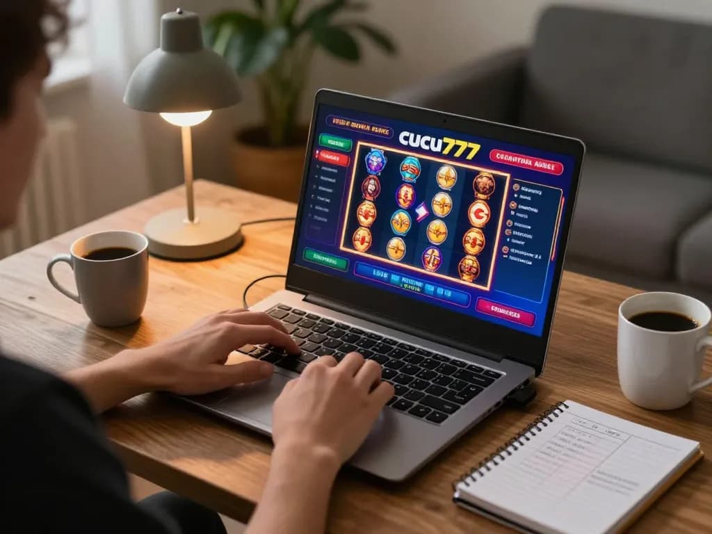 Cucu777 online gaming session, showing player interacting with popular casino games on vibrant laptop display in cozy setting.