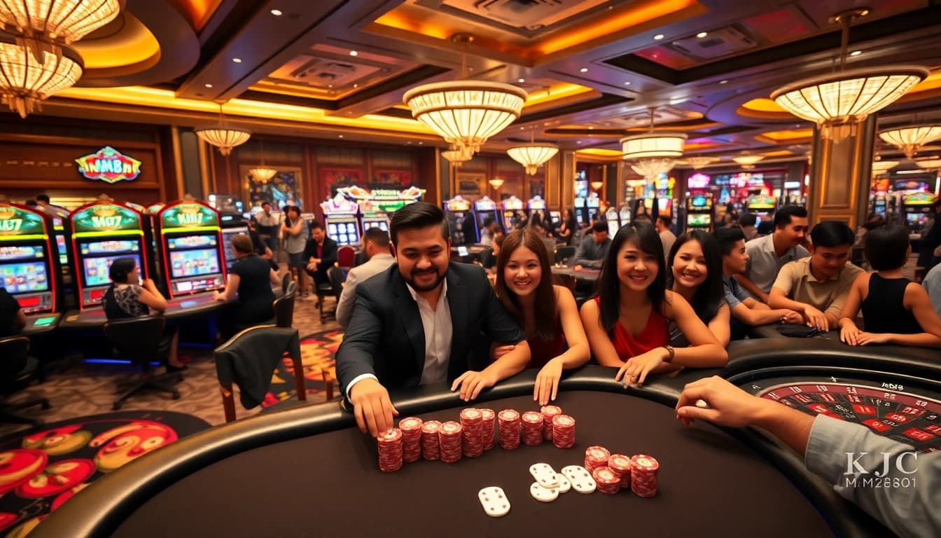 Experience the excitement of KJC MM88 with players engaging at casino tables.