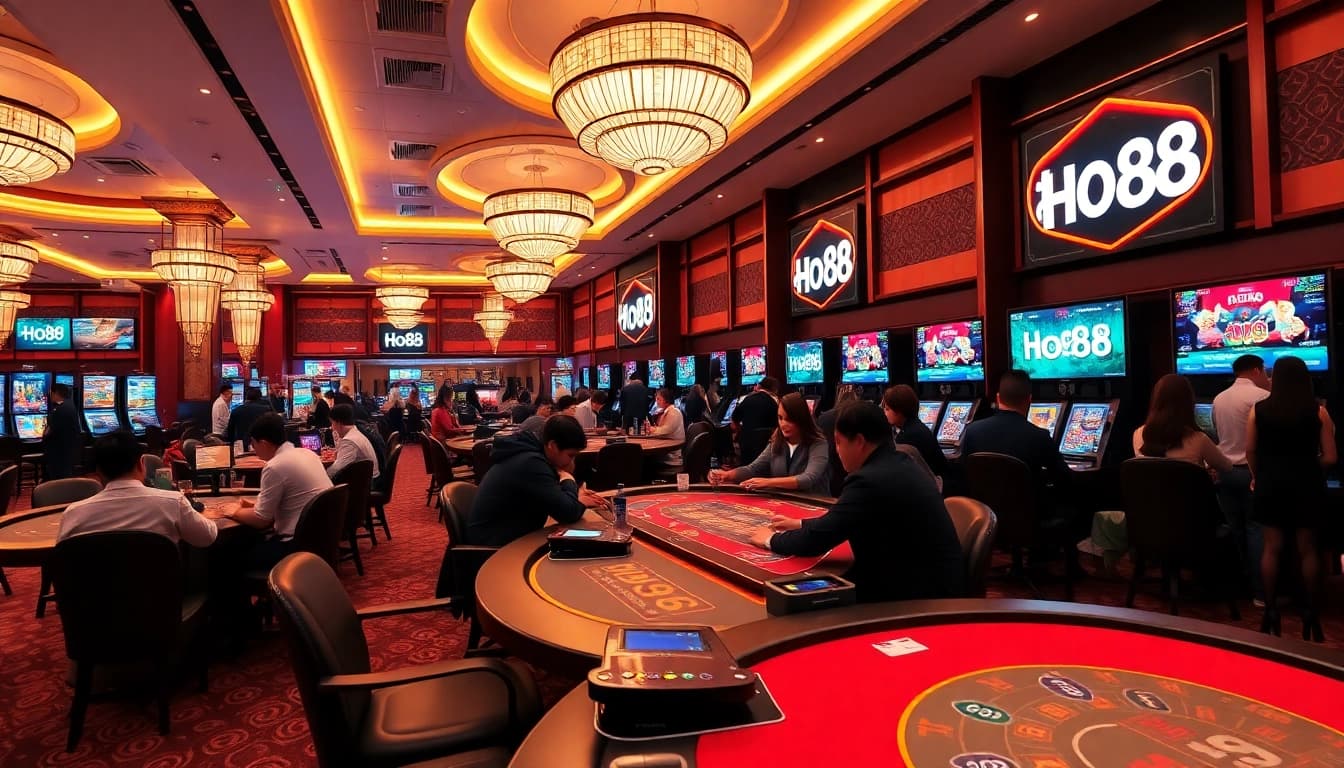Ho88 online casino scene with players enjoying live gaming and engaging dealers.