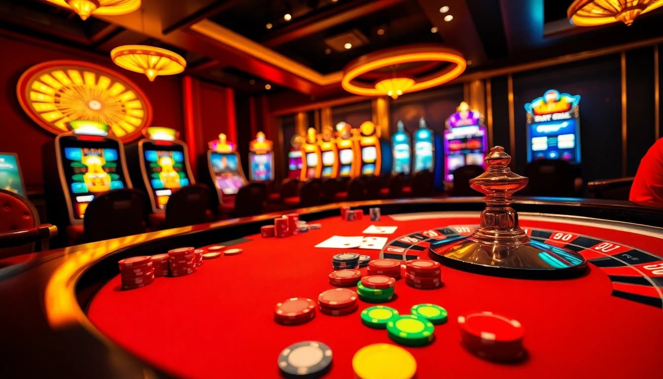 Experience the excitement of fun 79 with a lively casino scene showcasing vibrant poker games and roulette action.