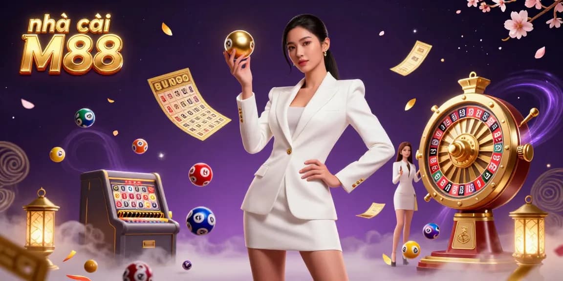 Experience the excitement at nhà cái M88 with a vibrant casino illustration showcasing dynamic gaming elements and a confident player.
