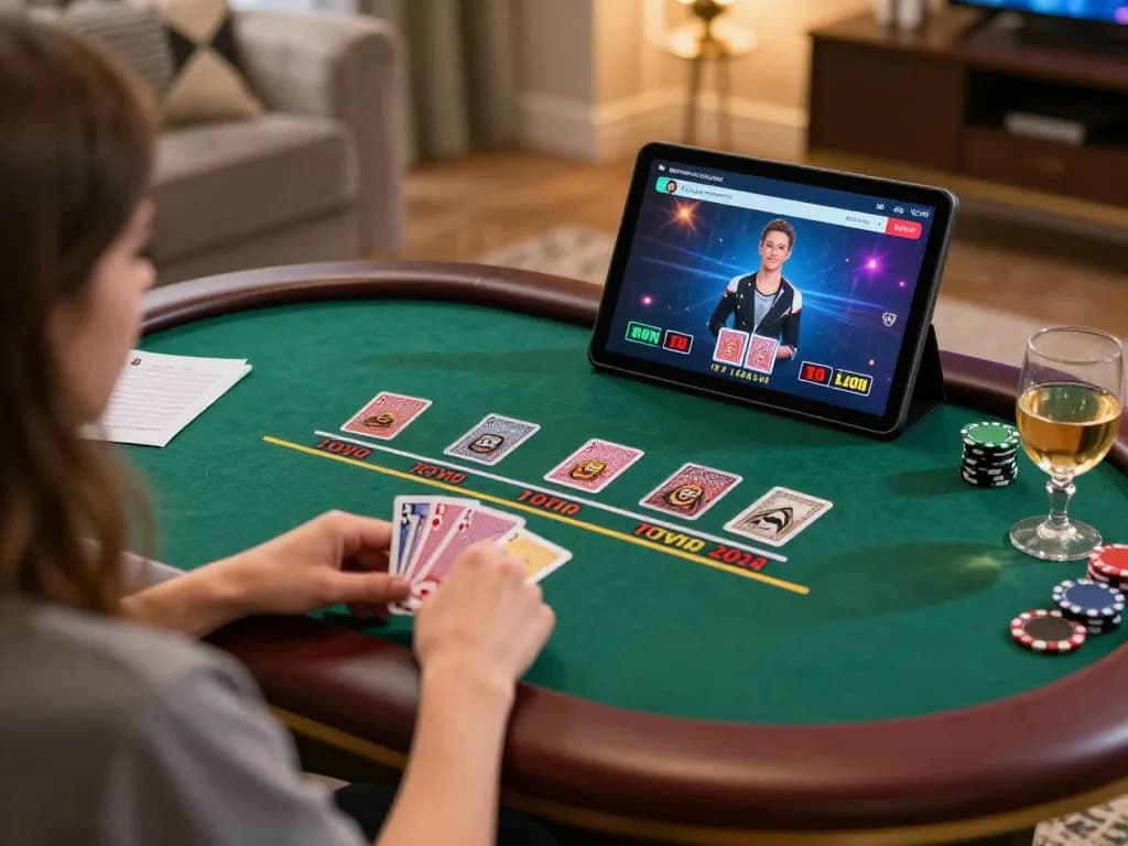 Engaged player enjoying live dealer blackjack at home using 888top com for a strategic gaming session.