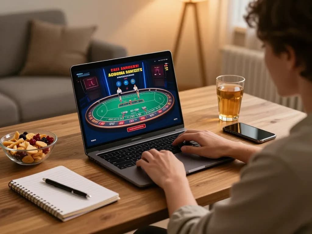 Player enjoying a live dealer game on tg887 laptop in a cozy home office, showcasing responsible gaming.