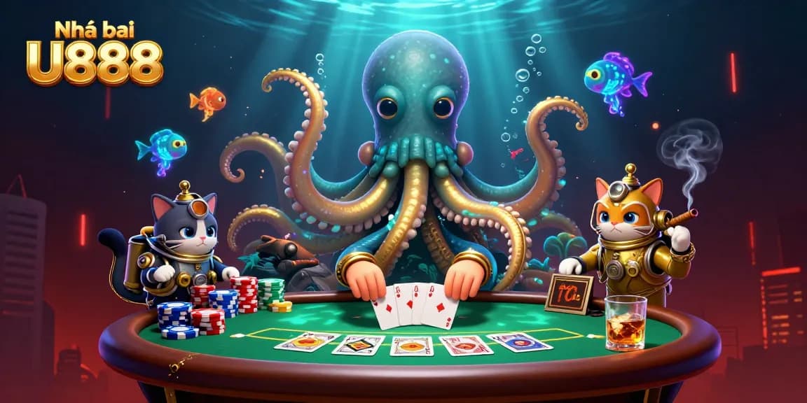 Engage with thrilling gameplay at Nhà cái U888 featuring a kraken, diving cat, and poker charm.