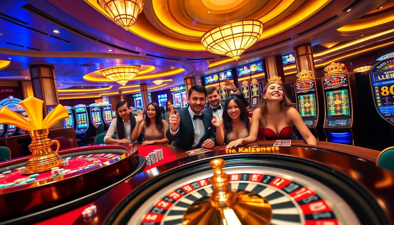 Excited players at GG88 casino enjoying dynamic slot machines and poker tables.
