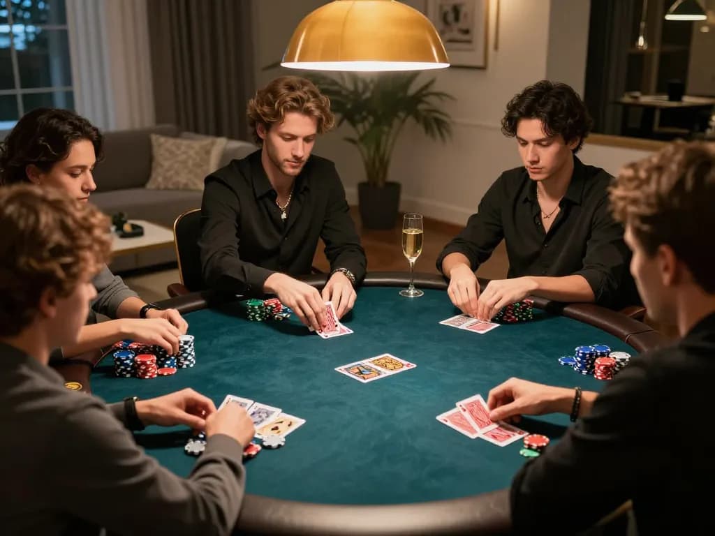 Focused players engaging in a high-stakes poker game with 1GOM chips at a cozy home table.