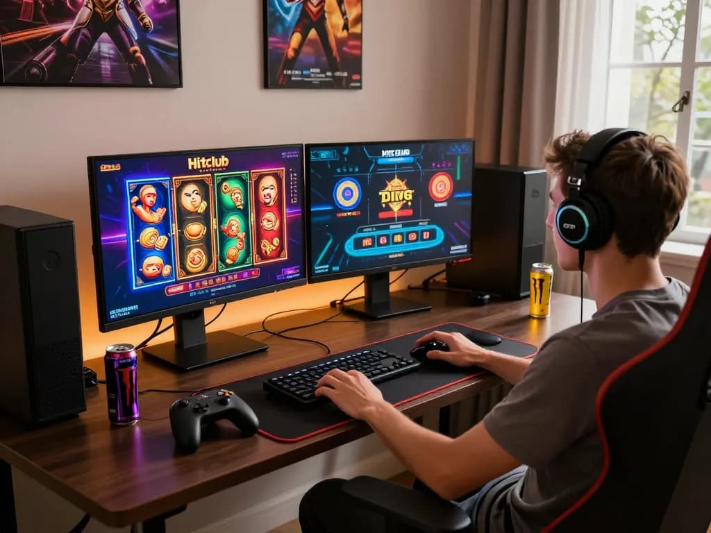 Immersive gaming scene at Hitclub, showcasing vibrant casino games on high-end monitor.