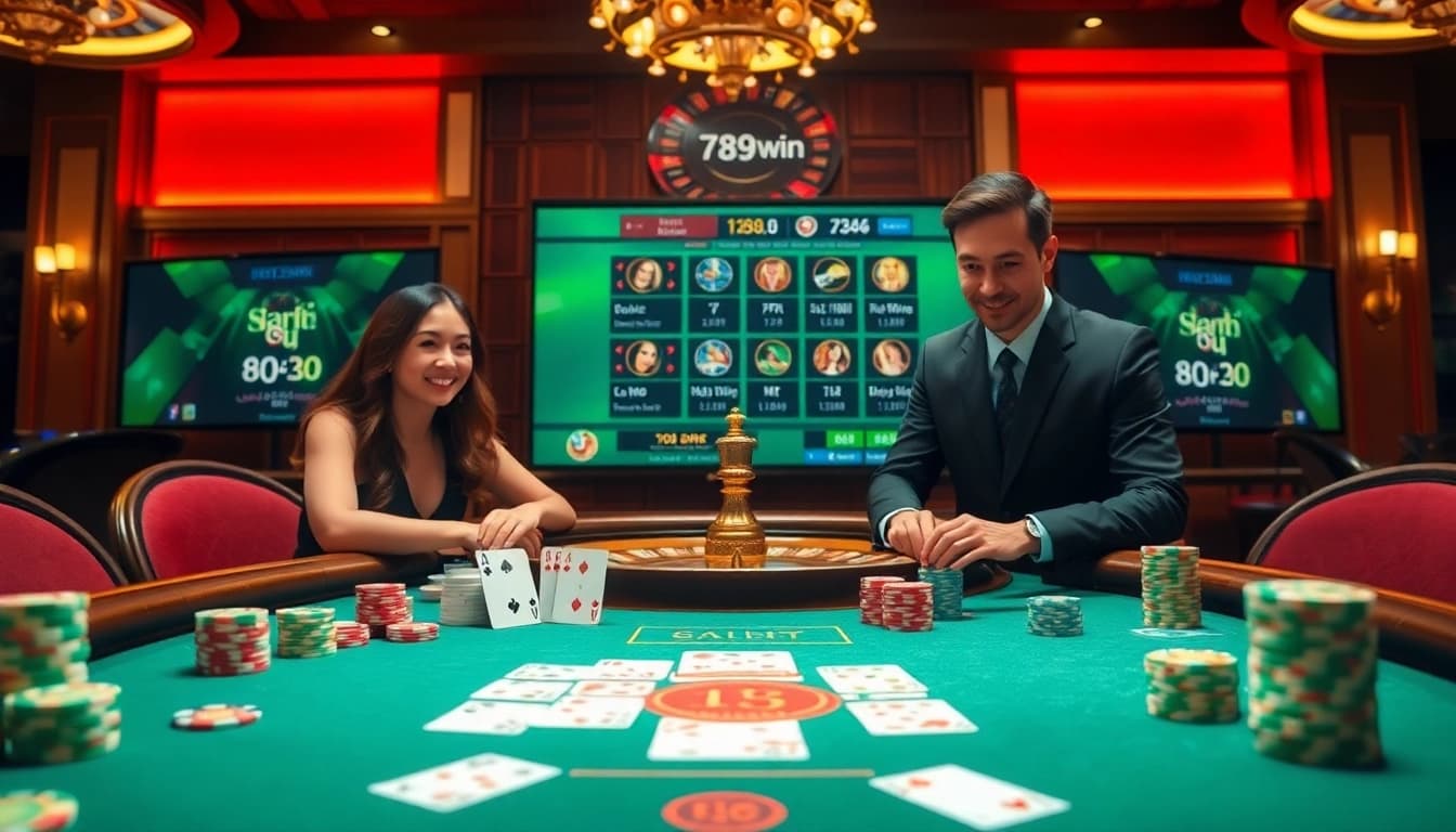 A thrilling 789win game scene showcasing poker chips and cards on a casino table with vibrant lighting.