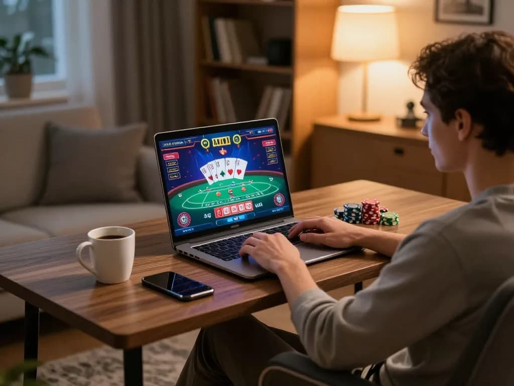 Interactive online gaming experience with max 88 poker game interface on a laptop surrounded by cozy elements