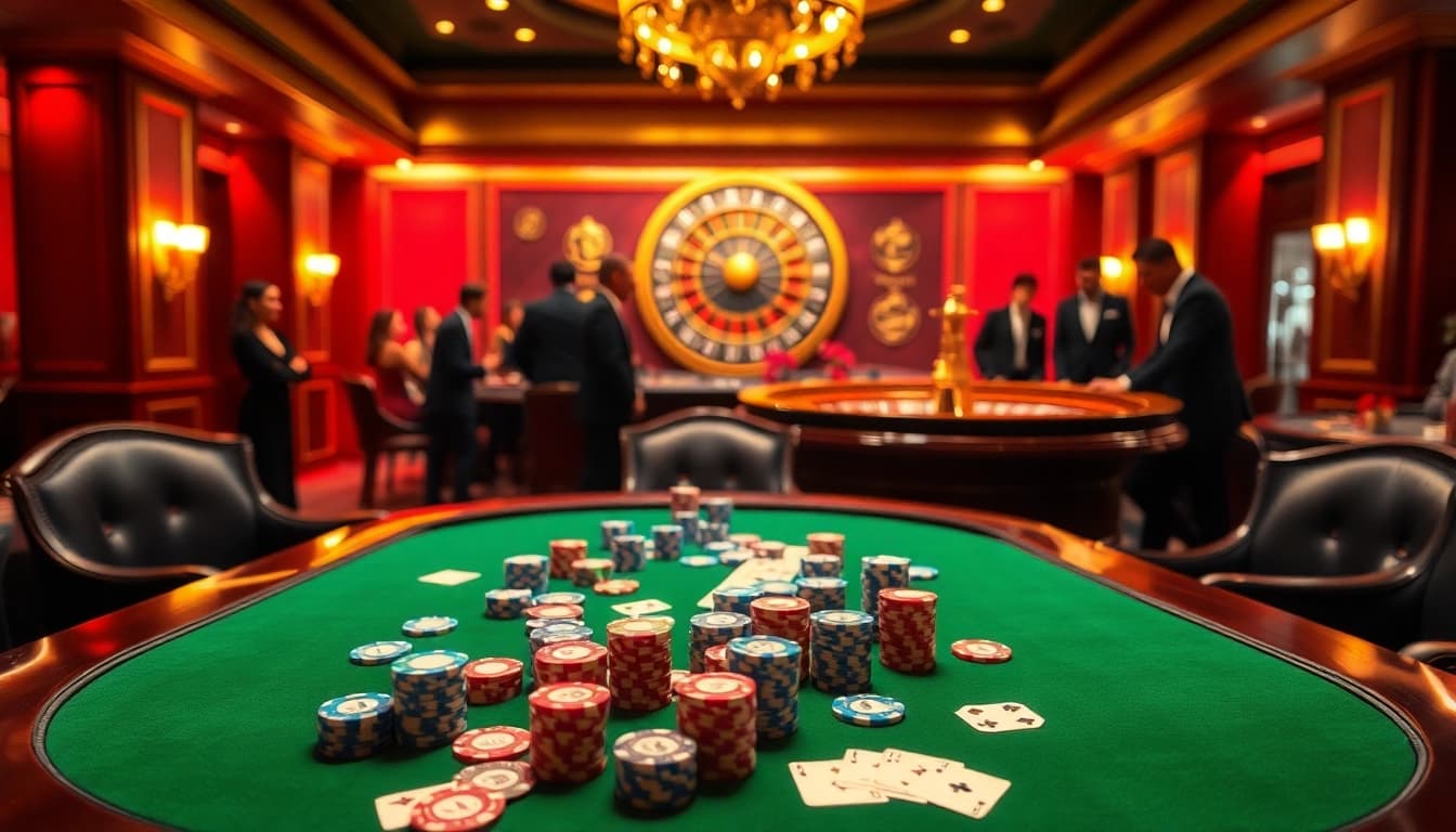 Experience the thrill of winning at https://da88.navy/ with vibrant poker scenes in a luxurious casino setting.