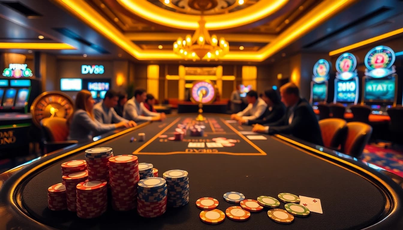 DV88 poker table setup with colorful chips, cards, and a roulette wheel, depicting a thrilling casino experience.