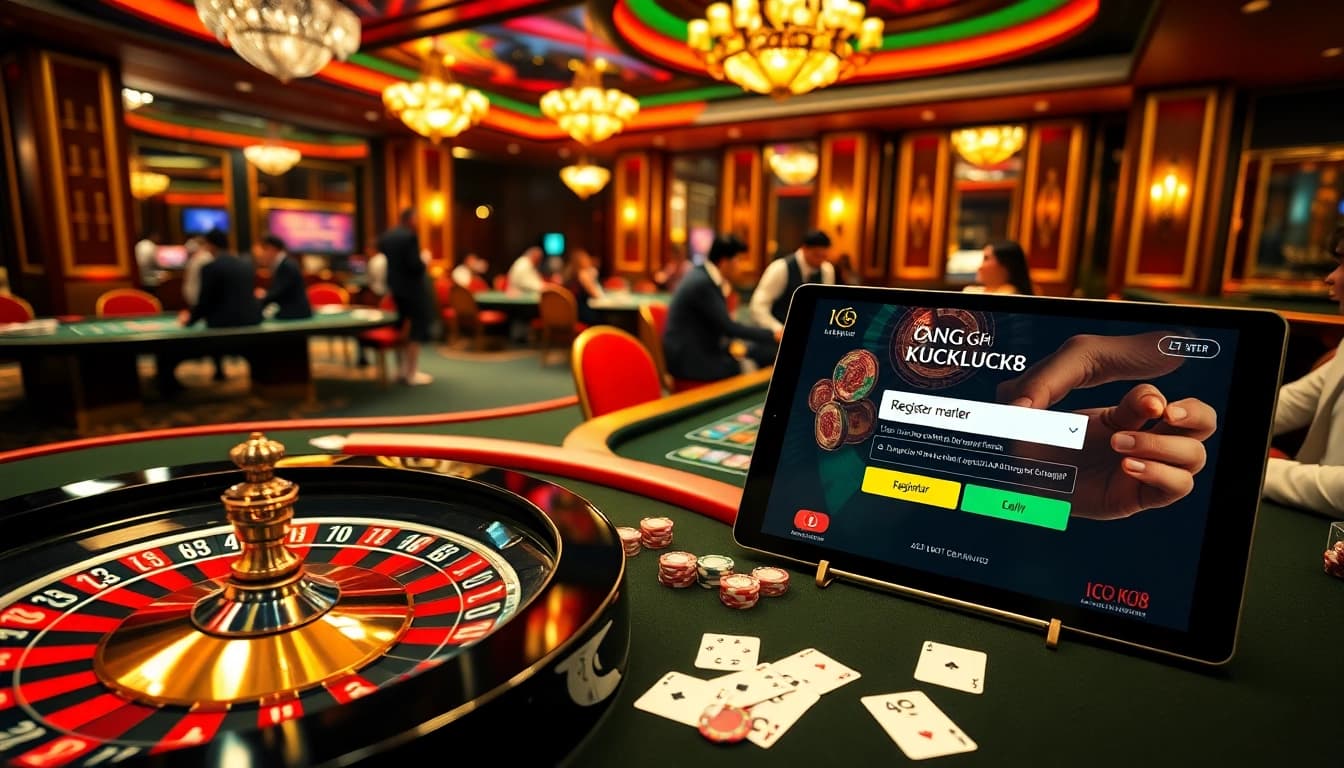 Engage in thrilling gameplay at ĐĂNG KÝ LUCK8 with vibrant cards and chips in a luxurious casino setting.