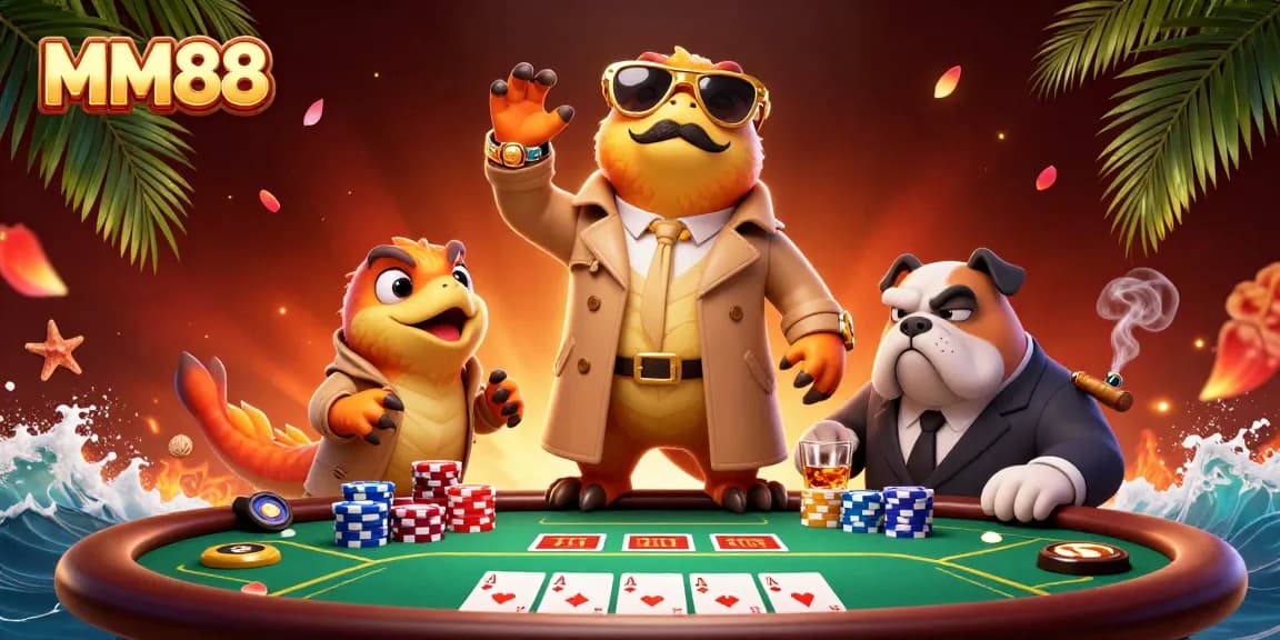 Watch MM88's raptors amusingly attempt to enter a VIP casino with poker elements and vibrant decor.