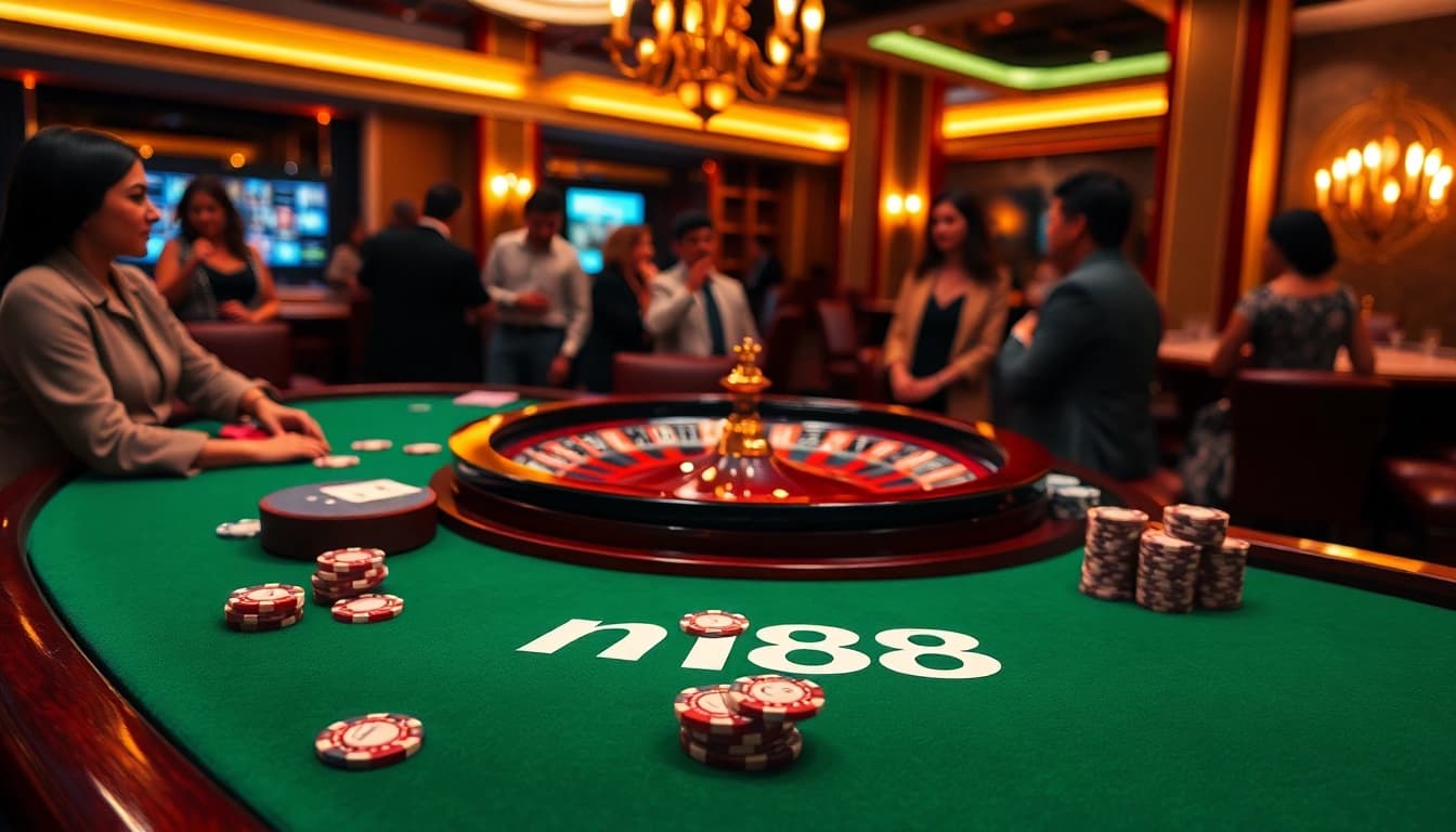 Experience thrilling gaming at n188's luxurious casino table with poker chips and cards.