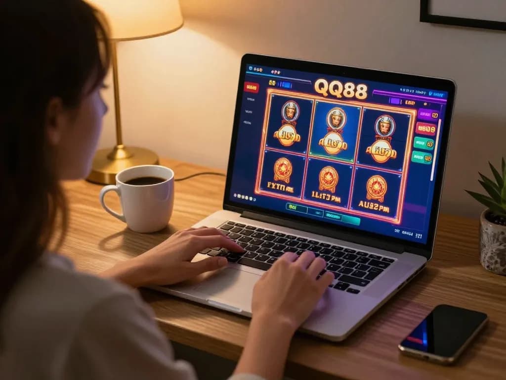 Engaging QQ88 online gameplay on a laptop in a cozy home office.