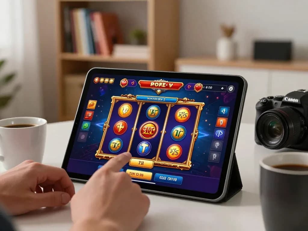Engaging scene of online slot gaming on qh88go tablet, highlighting user interaction in a cozy setup.