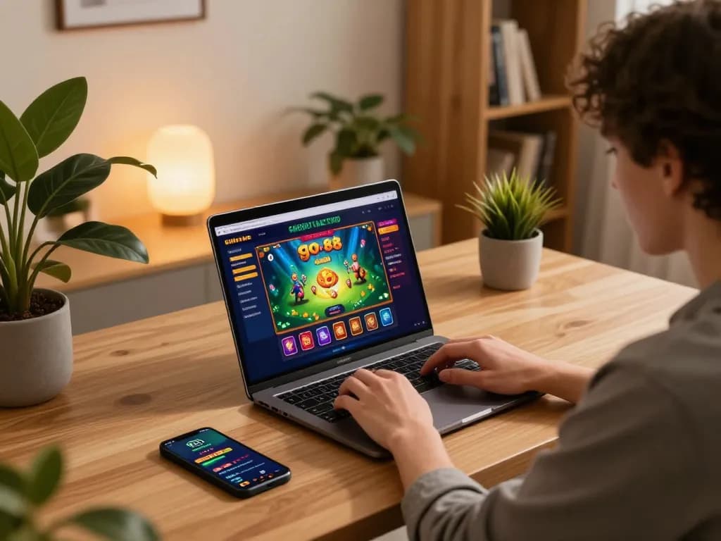 Player engaging with the go 88 casino app on laptop, showcasing an exciting online gambling experience.