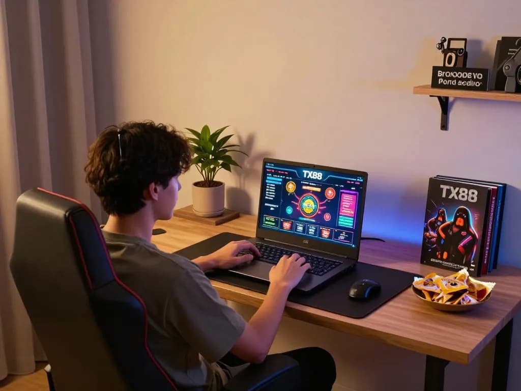 Engaging online gameplay experience with TX88 displayed on laptop screen, user strategically assessing options.