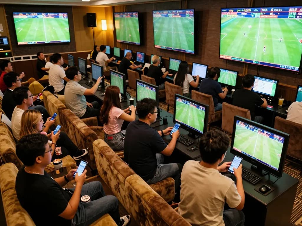 Cá Độ Bóng Đá Online: Enthusiastic bettors engaging in live sports betting in a lively lounge atmosphere