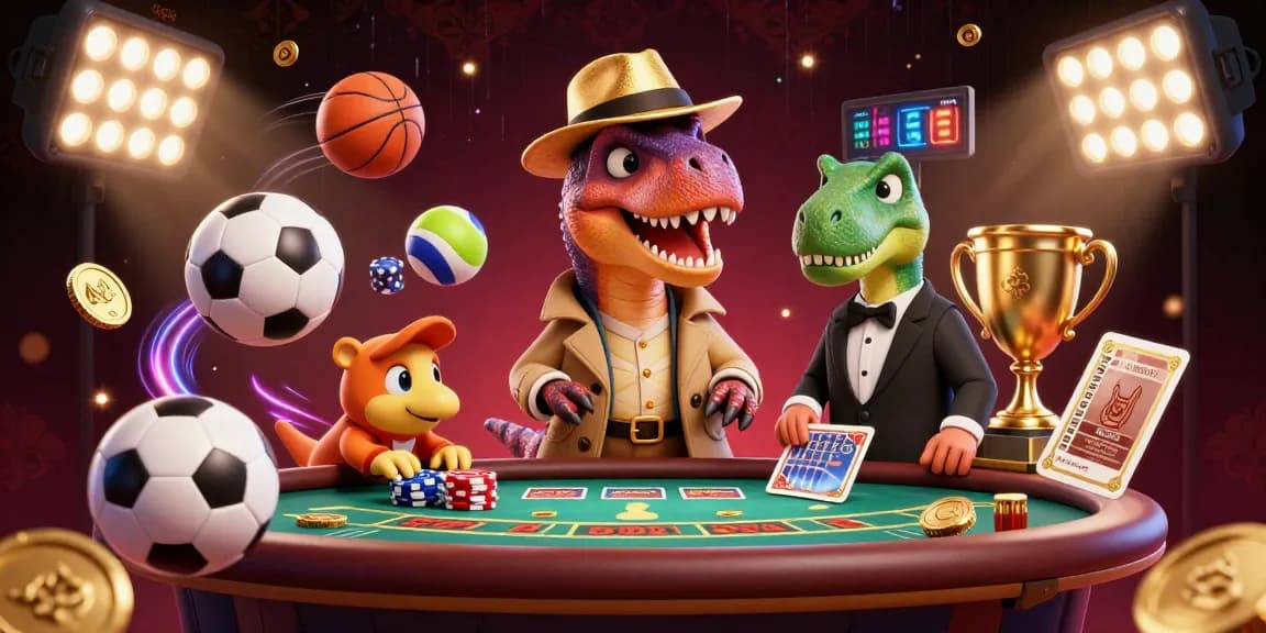 Experience thrilling sports betting at qq88 with a cartoon raptor at a blackjack table amid dynamic action.