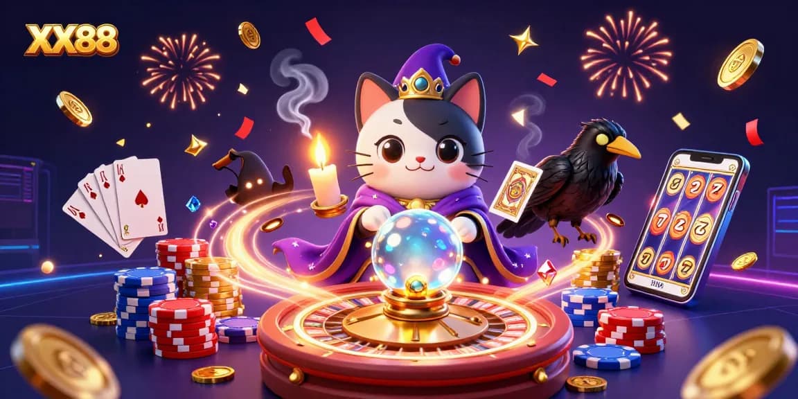 Play and win at XX88 with vibrant casino artwork showcasing fascinating characters and iconic games.