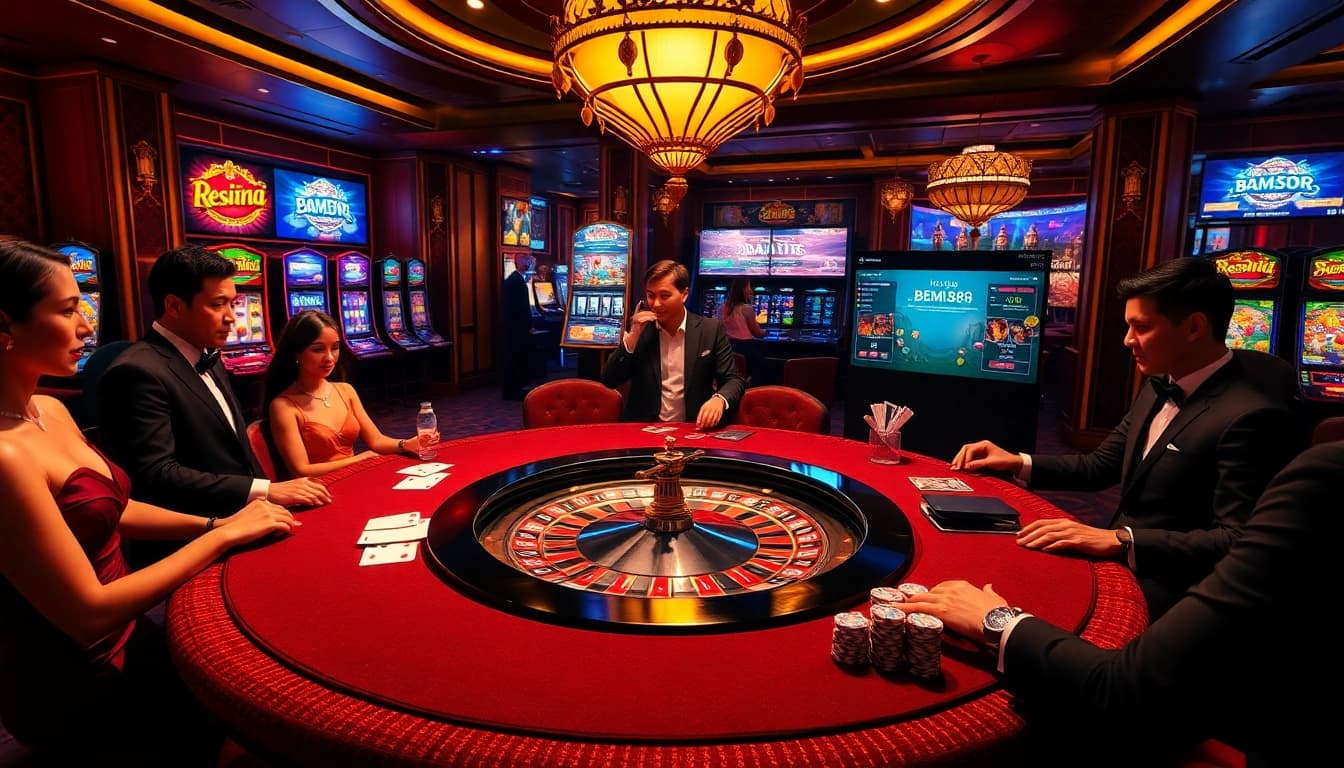 Excited players engaging in casino games at https://bem88.com, showcasing thrill and luxury.