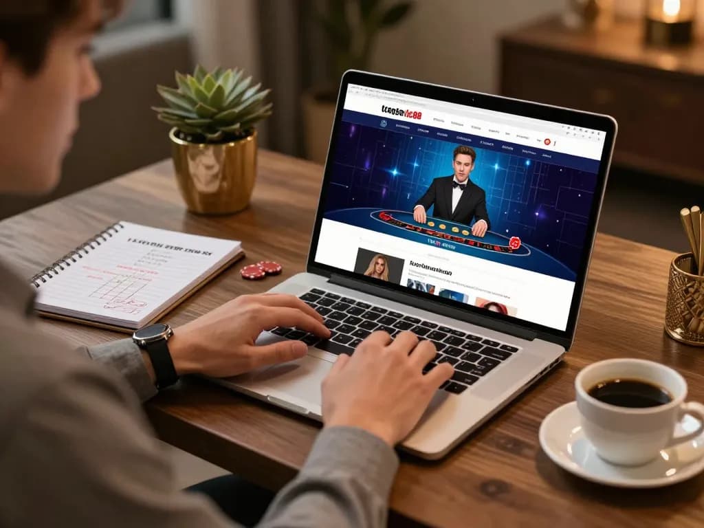 A player exploring trang chủ lc88 online casino while engaged in live blackjack, showcasing a cozy home setup accentuated by strategic notes and warm lighting.