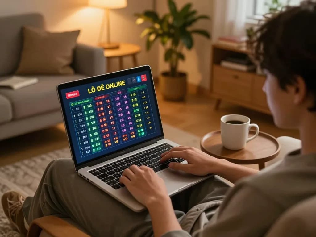 Lô Đề Online gaming session featuring a player engaging in betting strategies on a laptop at home.