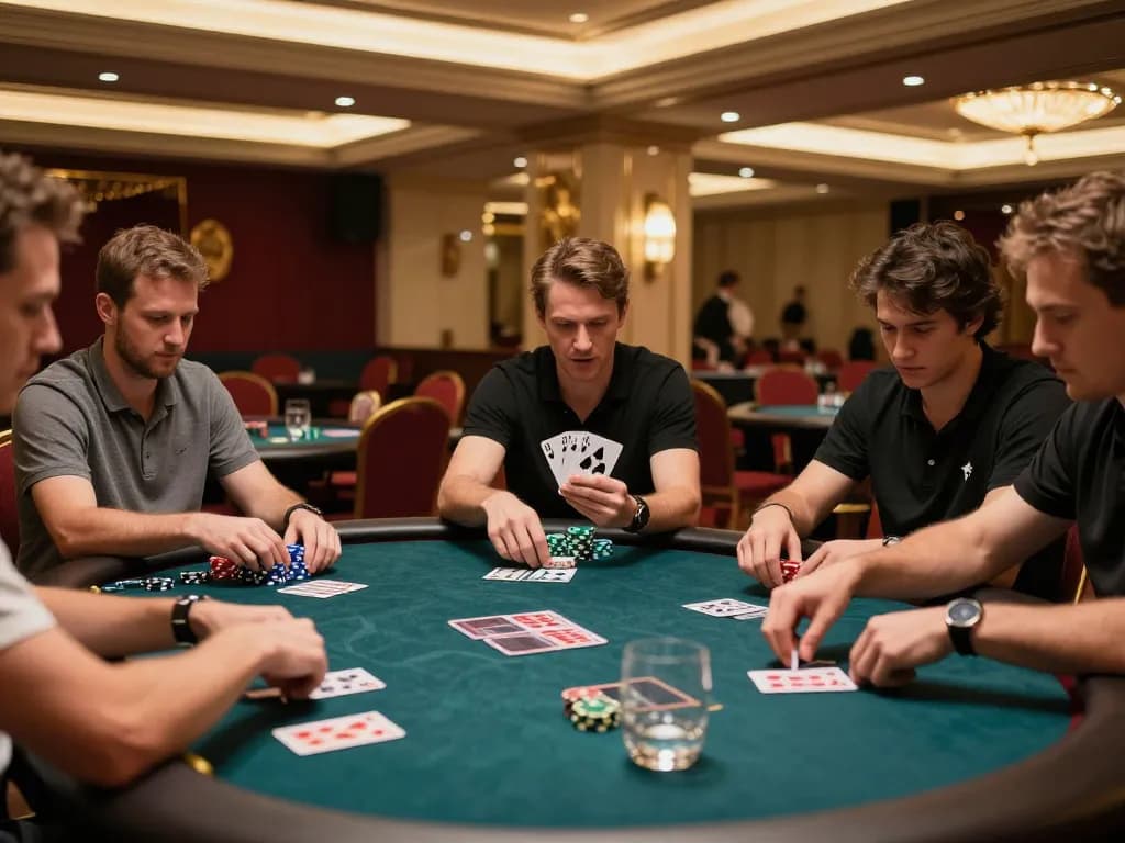 Engaged players at a MANCLUB poker table showcasing emotional moments and strategic gameplay in a luxurious venue.