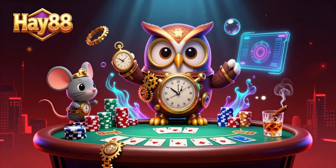 Experience thrilling gameplay at Hay88 with a dynamic casino scene featuring a time-traveler owl and poker action.