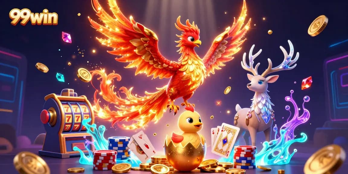 Win big at 99win with this vibrant casino-themed illustration showcasing slot machine excitement.