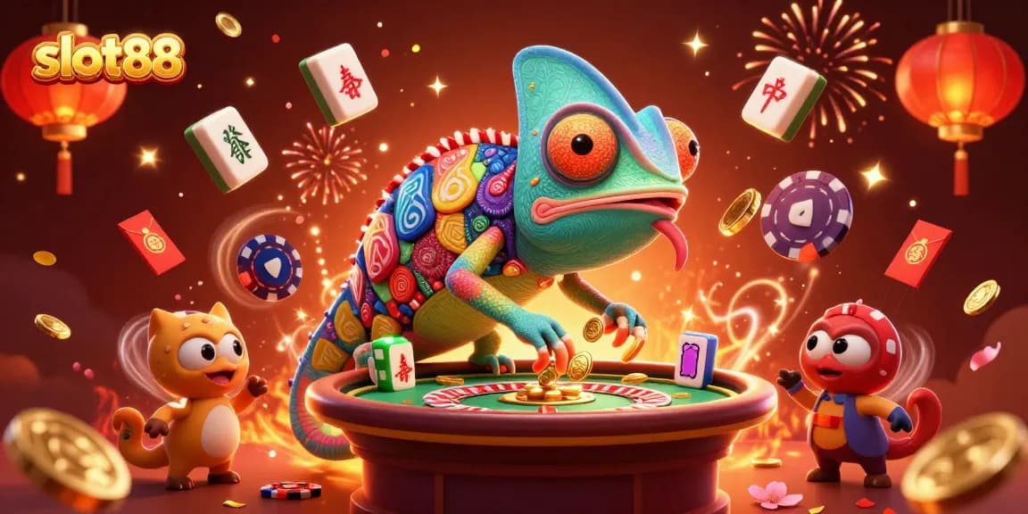 Engage in thrilling gameplay with slot88's chameleon casino owner, surrounded by vibrant casino symbols.