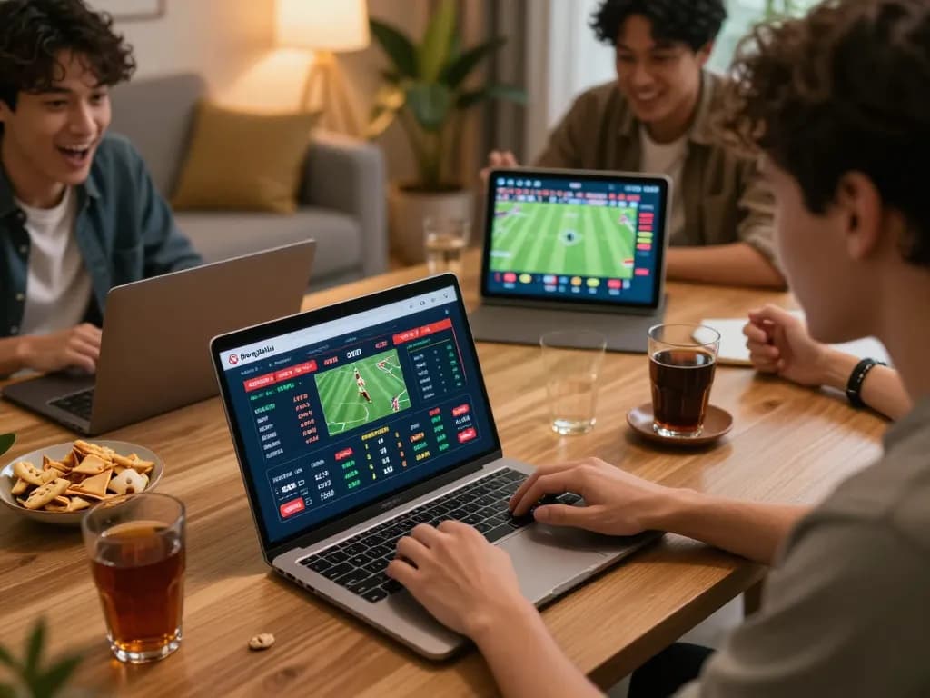 Bongdalu sports betting setup with live odds on laptop and friends discussing strategies