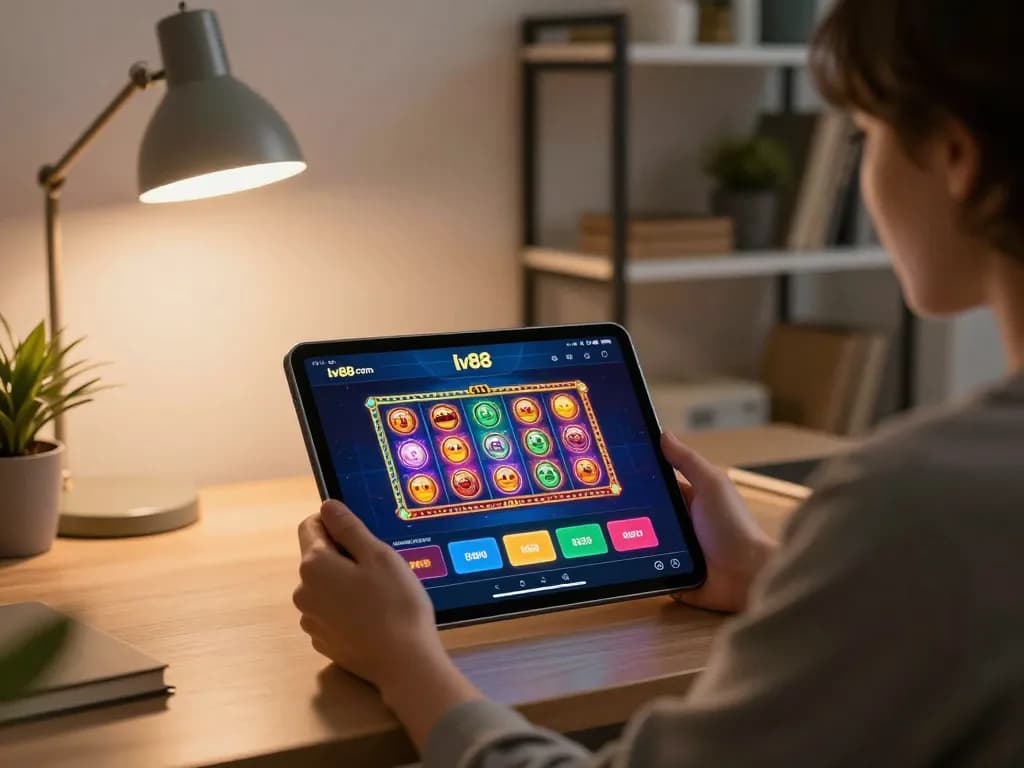 Playing slots on the lv88 com app in a cozy home office, highlighting online casino excitement.